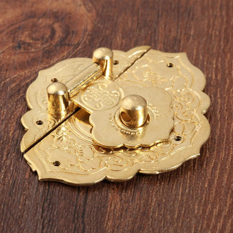 Antique Gold Box Hasp Latch 54x46mm Sturdy Brass Key Hasp Lock for jewelry boxes and furniture on wood surface
