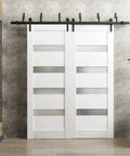 Quadro 4113 Interior Barn Bypass Sliding Doors With Frosted Glass White MDF Panels 84 By 96 Inches Modern Style Hardware