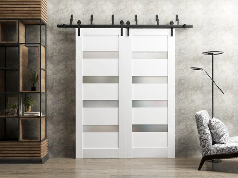 Quadro 4113 Interior Barn Bypass Sliding Doors With Frosted Glass White MDF Panels 84 By 96 Inches Modern Style Hardware