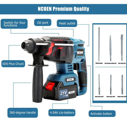 Built Tough Pro Grade Rotary Hammer Drill With 4 Modes And Variable Speed, 1-1/4 Inch Capacity, battery and bits shown