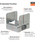 ABA44Z Post Base 4x4 Adjustable Slotted Standoff In ZMAX Galvanized Finish, 1-In Standoff, Annotations Highlight Features