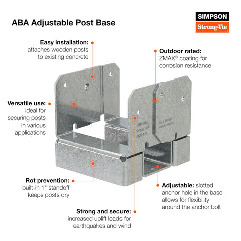 ABA44Z Post Base 4x4 Adjustable Slotted Standoff In ZMAX Galvanized Finish, 1-In Standoff, Annotations Highlight Features
