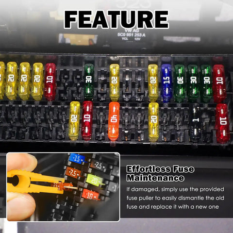 120 Piece Car Fuses Assortment Kit With 10 Amperage Levels From 2A To 35A Plus Fuse Tester And Puller Tool displayed in tray