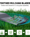 Illustration of tooted mulching blade in action for Beefy 54 Inch Mower Blades Replacement For Cub Cadet 942 0677B RZT54 S54 L54 GT1554 GTX1054 SLT1554 LT1554 LTX1054 SLTX1054 Zero Turn Lawn Tractor Toothed Mulching Blades With 6 Star Mounting Pattern.