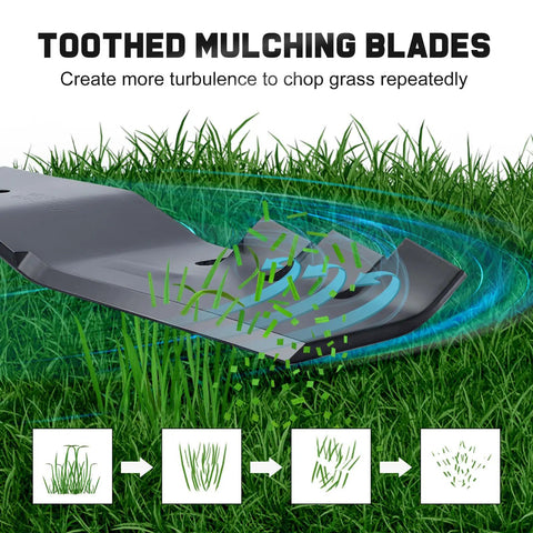 Illustration of tooted mulching blade in action for Beefy 54 Inch Mower Blades Replacement For Cub Cadet 942 0677B RZT54 S54 L54 GT1554 GTX1054 SLT1554 LT1554 LTX1054 SLTX1054 Zero Turn Lawn Tractor Toothed Mulching Blades With 6 Star Mounting Pattern.