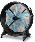 Badass Industrial Mobile Floor Fan Powered By Brushless Permanent Magnet Motor And Secure Locking Casters For Straight Up Warehouse Cooling. Heavy-duty design with blue blades.