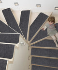 Non Slip Stair Treads Carpet 8x30 Inches Pack Of 15 Peel And Stick Self Adhesive Step Mats For Wooden Stairs Indoor Safety Runner For Elders Kids And Pets Dark Grey Everyday Use installed