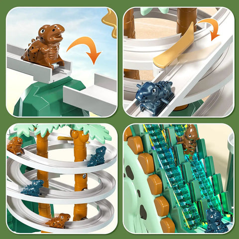 Dinosaur Climbing Slide Toy With Racing Track For Toddlers 3 4 5 6 7 8 Light Up Music Themed Car Track Set with spiral and stairs
