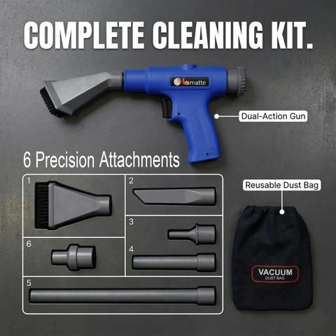 Image of a Dual Action Pneumatic Vacuum and Air Blow Gun with 6 attachments and dust bag for auto shop cleaning