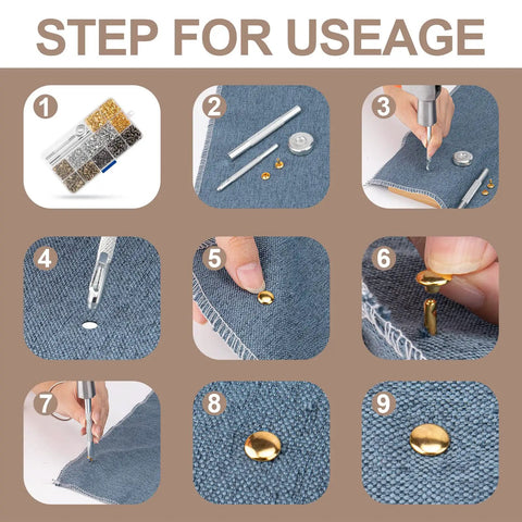 Pro-Grade Leather Rivets Kit With 480 Pieces In 3 Sizes And 4 Colors, step-by-step usage guide on blue fabric