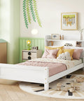Pine Wood Bed With Bookcase Headboard And LED Motion Sensor Light White Finish Built In Guardrails Kid Friendly Sturdy Bedroom Frame