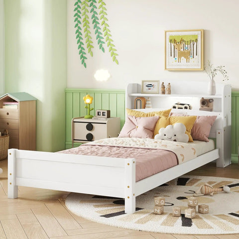 Pine Wood Bed With Bookcase Headboard And LED Motion Sensor Light White Finish Built In Guardrails Kid Friendly Sturdy Bedroom Frame