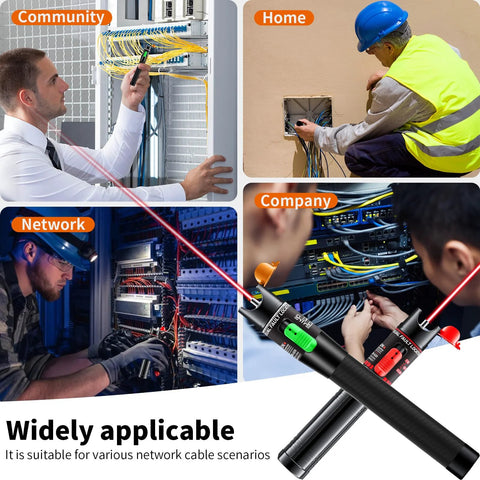 Visual Fault Locator fiber optic tester kit with FC-LC adapters, black handheld laser near network racks