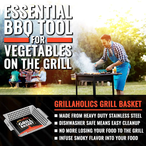 Man grilling with Premium Stainless Steel Grill Basket For Outdoor Grilling Extra Large Family Size Durable Veggies Fish Shrimp And Kebabs Basket Easy To Use With Sturdy Base For Even Heat And Safe Flipping Ideal BBQ Accessory