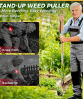 Man using Stand Up Weed Puller Tool With Long Handle For Easy Root Removal No Kneeling, Heavy Duty 4 Claw Steel Head Weeder