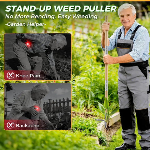 Man using Stand Up Weed Puller Tool With Long Handle For Easy Root Removal No Kneeling, Heavy Duty 4 Claw Steel Head Weeder