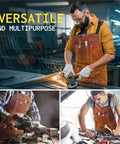 Rugged Leather Welding Apron With Eleven Tool Pockets for Woodworking and Metalworking in use by workers in various tasks