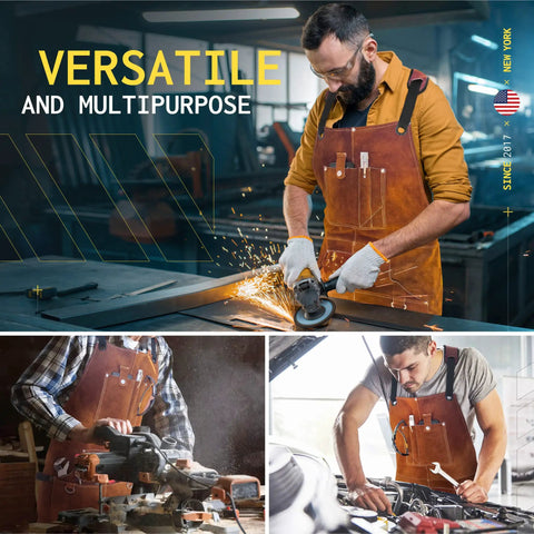 Rugged Leather Welding Apron With Eleven Tool Pockets for Woodworking and Metalworking in use by workers in various tasks