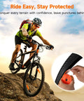Cyclist on mountain bike with insert of Two Rolls Fat Bike Tire Liners For Road And Mountain Bikes 15 Ft TPU Tape detail
