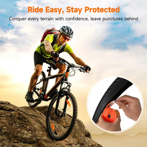 Cyclist on mountain bike with insert of Two Rolls Fat Bike Tire Liners For Road And Mountain Bikes 15 Ft TPU Tape detail