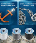 Heavy Duty Three Eighths Inch 50 Foot Boat Anchor Rope with Solid Braid MFP Marine Line Including Stainless Steel Thimble and Shackle for Boats Jet Ski Yacht Dock Saltwater Resistant Built Tough and Durable, showing secure connection to anchor and chain fastening.