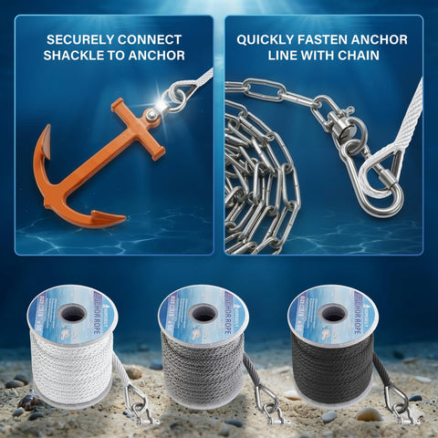 Heavy Duty Three Eighths Inch 50 Foot Boat Anchor Rope with Solid Braid MFP Marine Line Including Stainless Steel Thimble and Shackle for Boats Jet Ski Yacht Dock Saltwater Resistant Built Tough and Durable, showing secure connection to anchor and chain fastening.