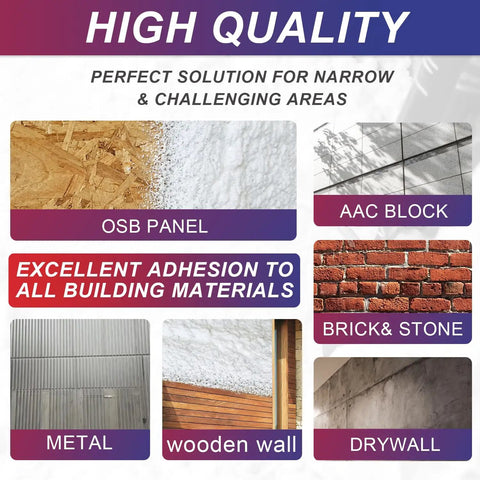 Heavy Duty Closed Cell Spray Foam Insulation Kit Self Expanding Polyurethane adheres to various surfaces including OSB, metal, and brick.