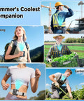 People using Wearable Belt Fan With 16K RPM Turbo Airflow, Six Speed Rechargeable Waist Clip Fan outdoors for cooling.