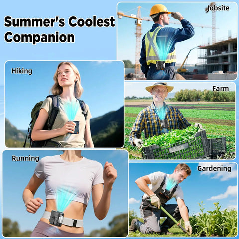 People using Wearable Belt Fan With 16K RPM Turbo Airflow, Six Speed Rechargeable Waist Clip Fan outdoors for cooling.