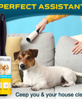 Pet Hair Lint Roller Set For Couch Clothes Furniture And Carpet With Sticky Peel Sheets shown removing pet hair from sofa.