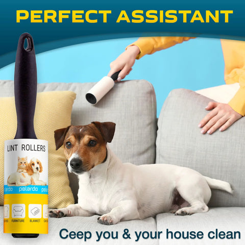 Pet Hair Lint Roller Set For Couch Clothes Furniture And Carpet With Sticky Peel Sheets shown removing pet hair from sofa.