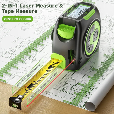 2 In 1 Laser Tape Measure With 197Ft Laser Range And 16Ft Tape Backlit LCD Movable Hook Pythagorean Area Volume Unit Switch Digital Distance Meter For Quick On Site Measurements on a blueprint