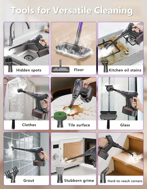Heavy Duty Steam Mop Cleaner Chemical Free Floor Sanitizer For Hardwood Tile Laminate And Windows Featuring Rapid Heat Up and Smart Temperature Controls cleaning various surfaces.