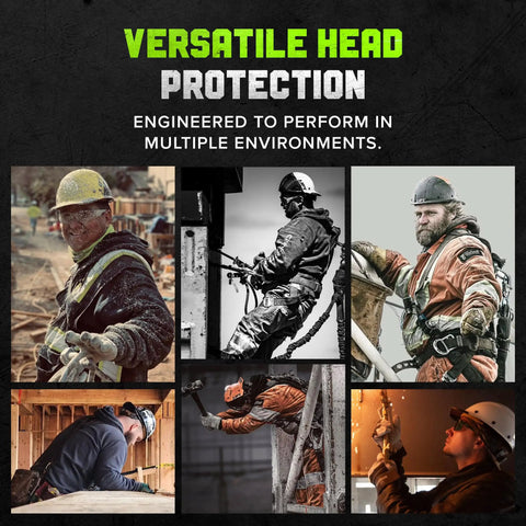 Collage of workers wearing Desert Camo Fiber Reinforced Cap with 6 Point Suspension for impact protection in various environments.