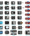 37 In 1 Sensor Starter Kit For Arduino And Raspberry Pi With Touch Sensor, Heartbeat Detector, Infrared Receiver, and more sensors displayed.