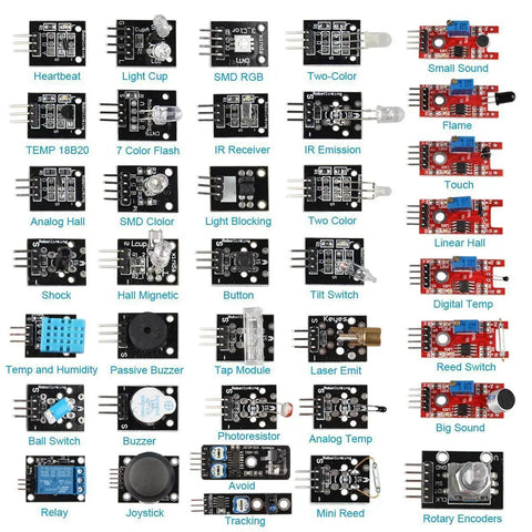 37 In 1 Sensor Starter Kit For Arduino And Raspberry Pi With Touch Sensor, Heartbeat Detector, Infrared Receiver, and more sensors displayed.