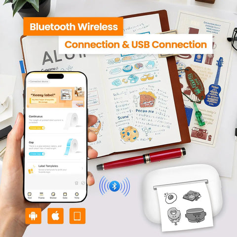 Nulltonex Portable Bluetooth Label Maker With Tape, Mini Adhesive Sticker Printer For Home Organization displaying Bluetooth connection on smartphone.