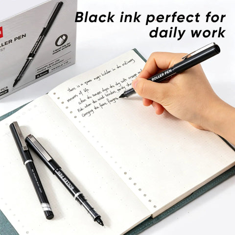 Person writing with Rollerball Pens 0.5 Mm Fine Tip Black Ink 12 Pack on a notebook, showcasing smooth glide and skip-free writing.