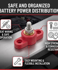 Battery Power Distribution Terminal Blocks Set Red and Black Insulated Ground Junction Posts with Single Studs for Cars and 12V 24V Systems Heavy Duty Durable Plastic Base Stainless Steel Bolts Brass Gaskets for Neat Wiring, red terminal block on metal surface