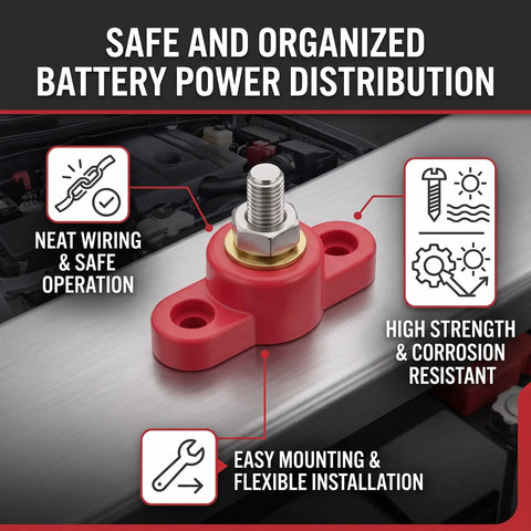 Battery Power Distribution Terminal Blocks Set Red and Black Insulated Ground Junction Posts with Single Studs for Cars and 12V 24V Systems Heavy Duty Durable Plastic Base Stainless Steel Bolts Brass Gaskets for Neat Wiring, red terminal block on metal surface