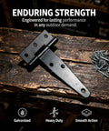 Six Pack Of Four Inch Heavy Duty T Hinges Galvanized Outdoor Gate And Barn Door Hardware on wooden surface with screws.