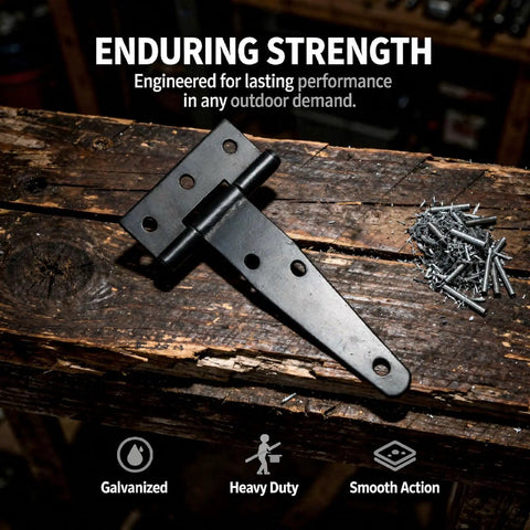 Six Pack Of Four Inch Heavy Duty T Hinges Galvanized Outdoor Gate And Barn Door Hardware on wooden surface with screws.