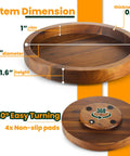 Slick 13 Inch Acacia Wood Lazy Susan Turntable Organizer For Kitchen Cabinets with dimensions and non-slip pads displayed.