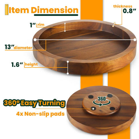 Slick 13 Inch Acacia Wood Lazy Susan Turntable Organizer For Kitchen Cabinets with dimensions and non-slip pads displayed.