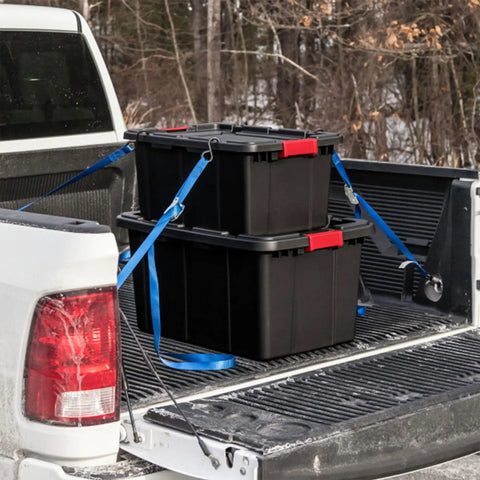 Heavy Duty Plastic Storage Totes With Secure Snap Lids For Garage Shed Organization 15 Gallon 18 Pack stacked in truck bed secured with straps.