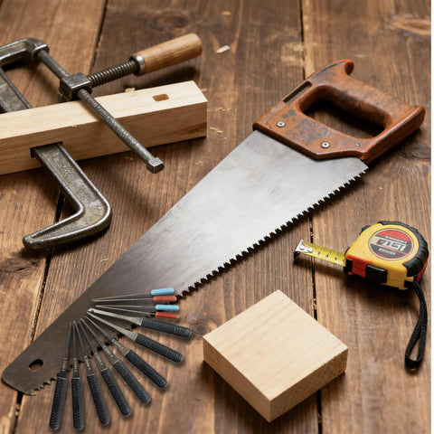 12 Piece Comprehensive Extractor Kit with saw, clamp, and tape measure on a wooden surface