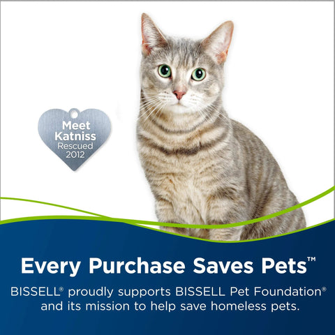 BISSELL CrossWave pet brush roll banner with gray cat and heart-shaped rescue tag