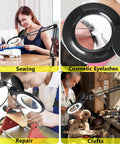 10X Magnifying Glass With Light And Stand used for sewing, cosmetic eyelashes, repair, and crafts in various settings.