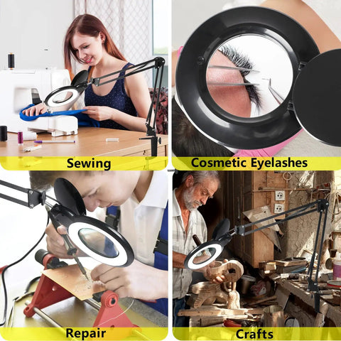 10X Magnifying Glass With Light And Stand used for sewing, cosmetic eyelashes, repair, and crafts in various settings.