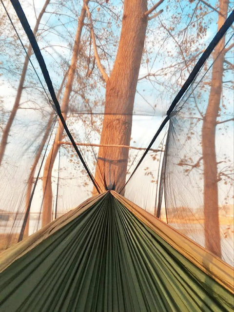 Portable Camping Hammock With Net For Single Or Double Use 2 Person Hammock Tent, green fabric under sky and trees